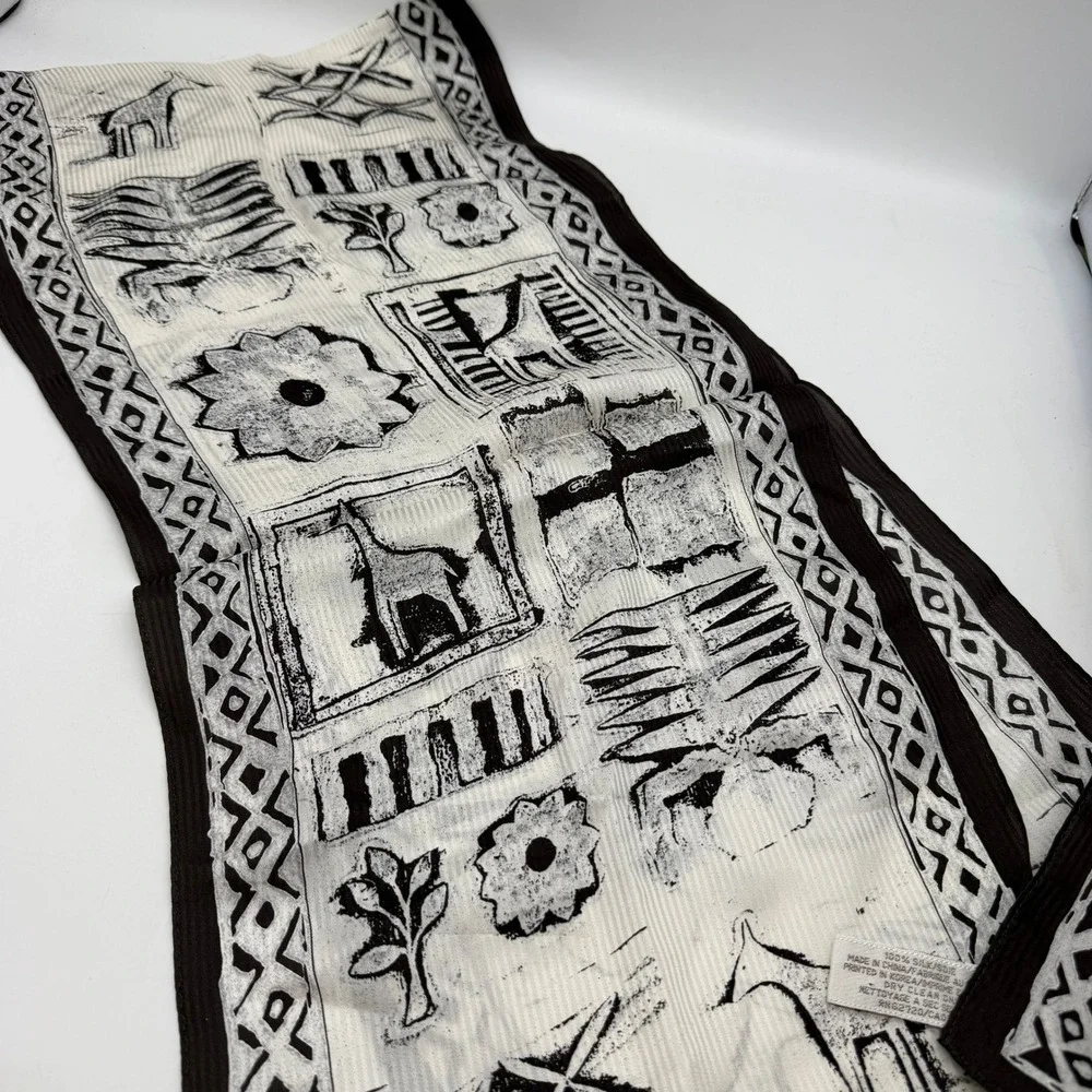 Jones New York Silk Scarf Brown Cream Giraffe Woodblock Print Ribbed 10x52